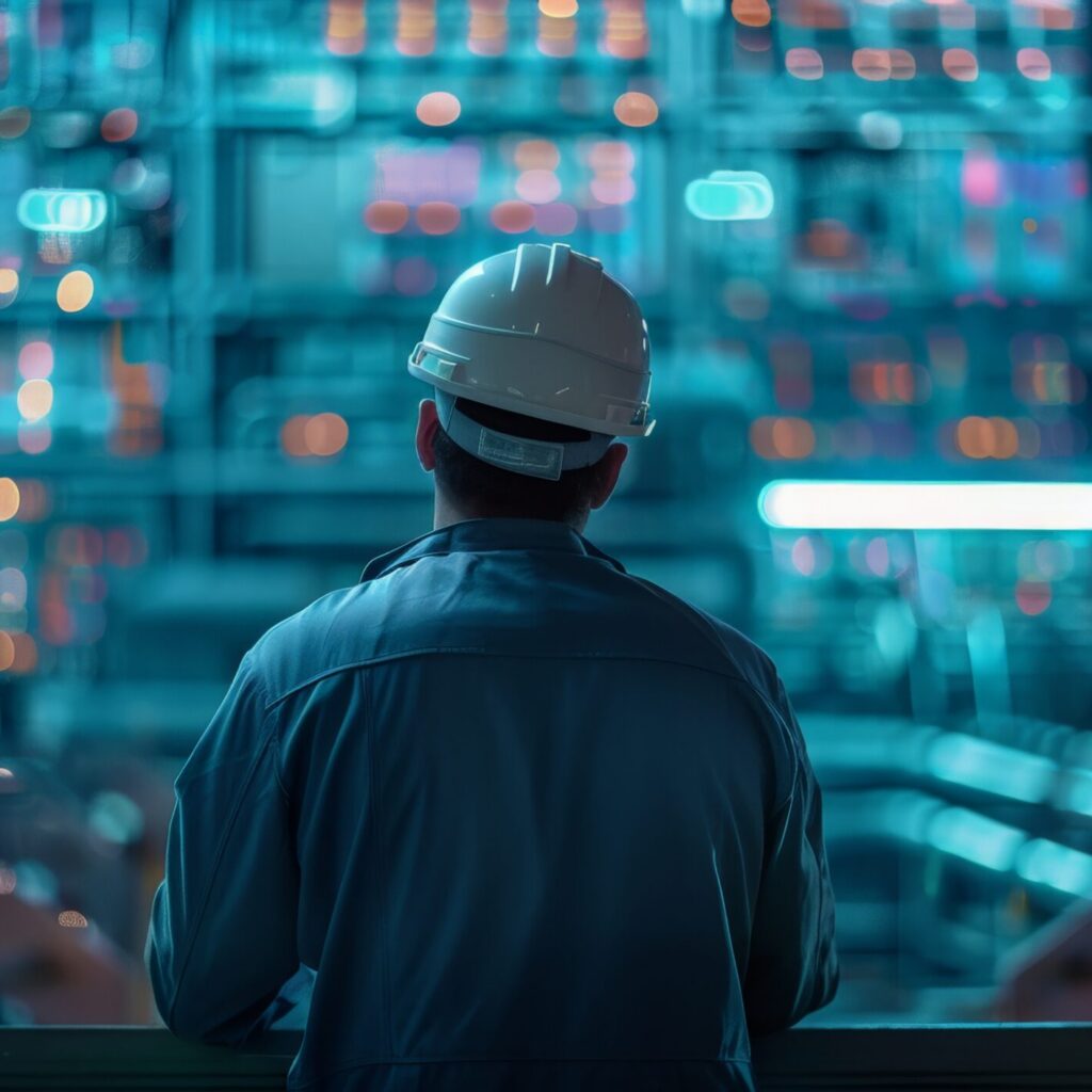 A man in a hard hat looking out at an industrial control room.